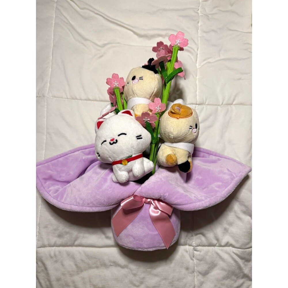 Lucky Cat Plush Bouquet Stuffed Animals Purple Wrap Valentine’s Day